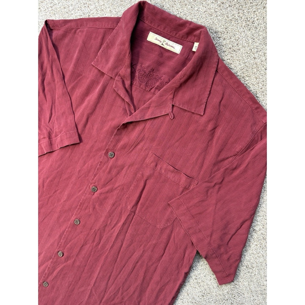 Tommy Bahama Silk Button Up Shirt‎ Short Sleeve Men's Large Solid Red Hawaiian